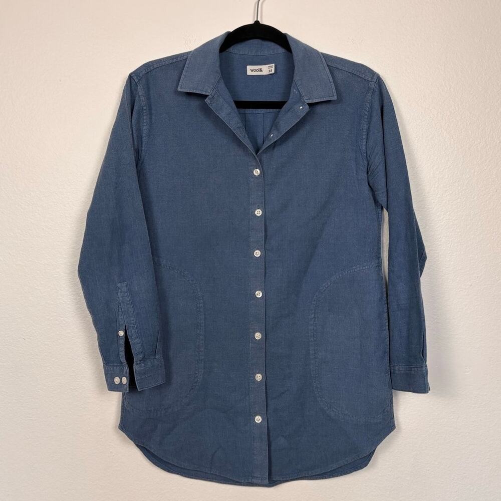 Wool& Florence Wool Silk Button Down Patch Pocket Blue Long Sleeve Tunic Top XS